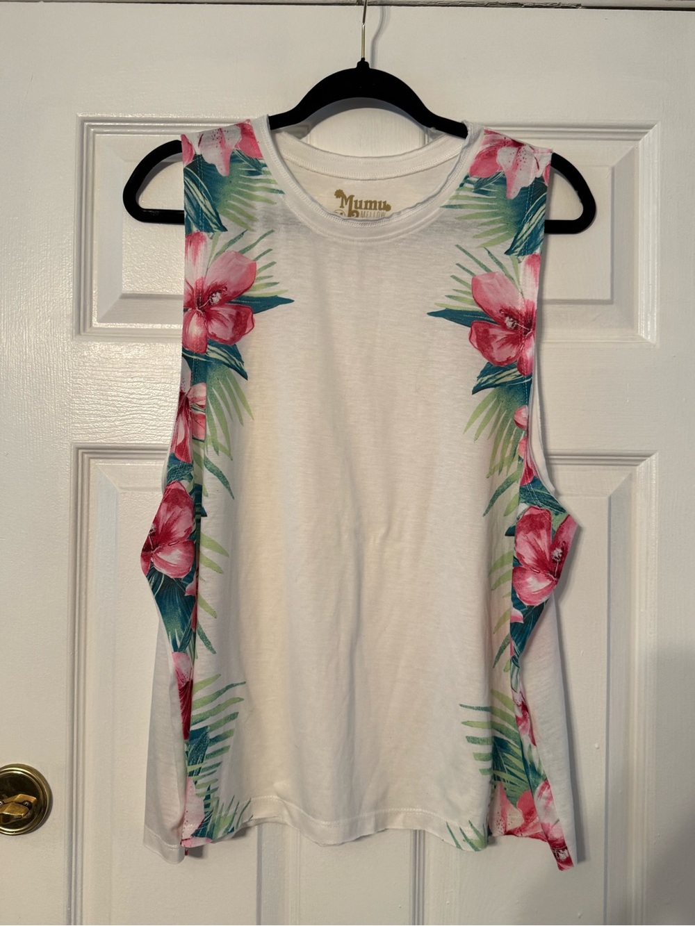 White Floral-Trim Sleeveless Tank Top